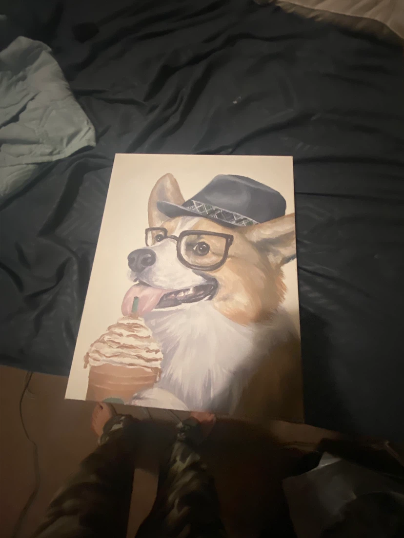 Painting of a Corgi with a hat and coffee
