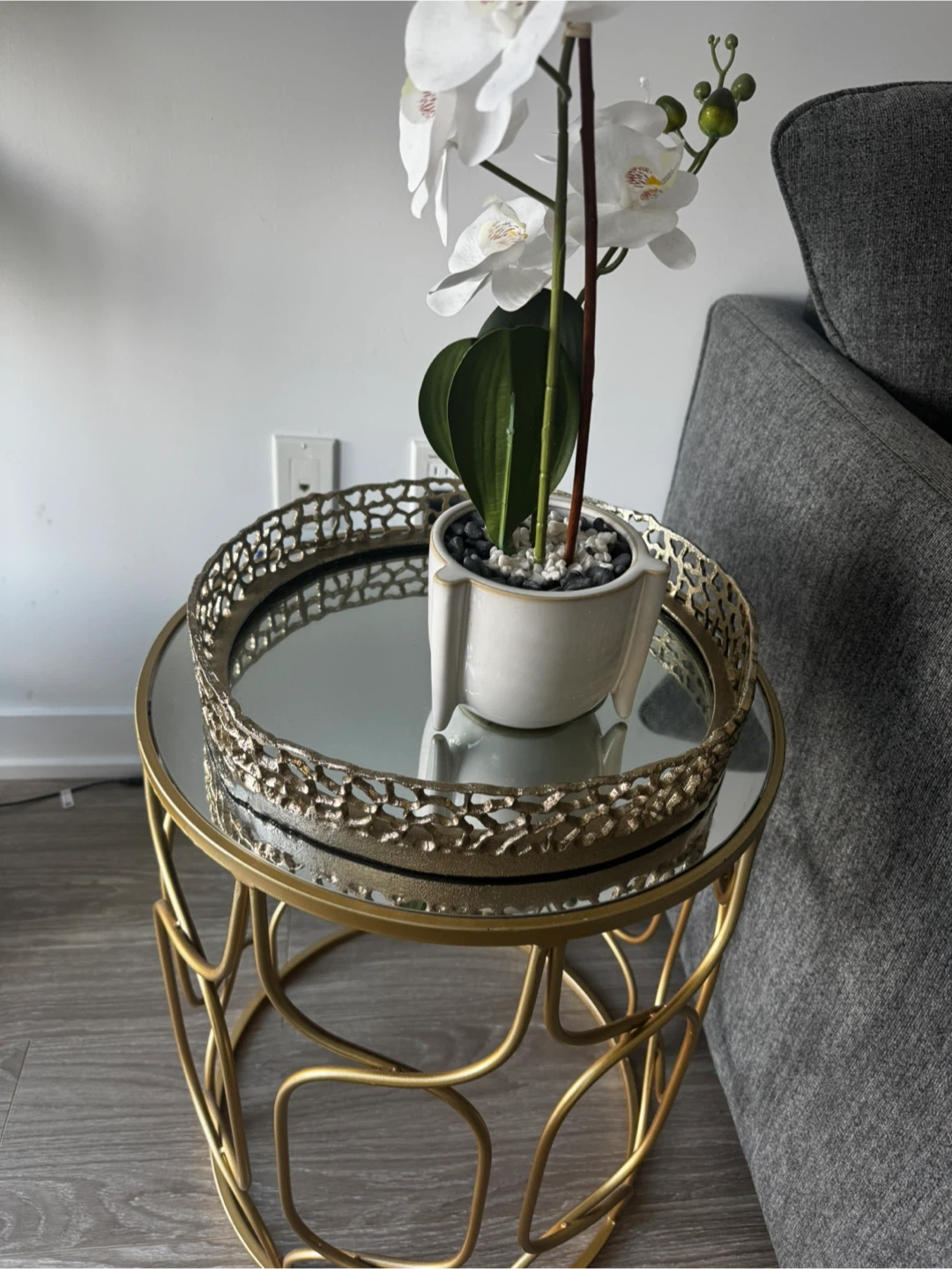 Gold Metal Round Accent Tray with Mirrored Top