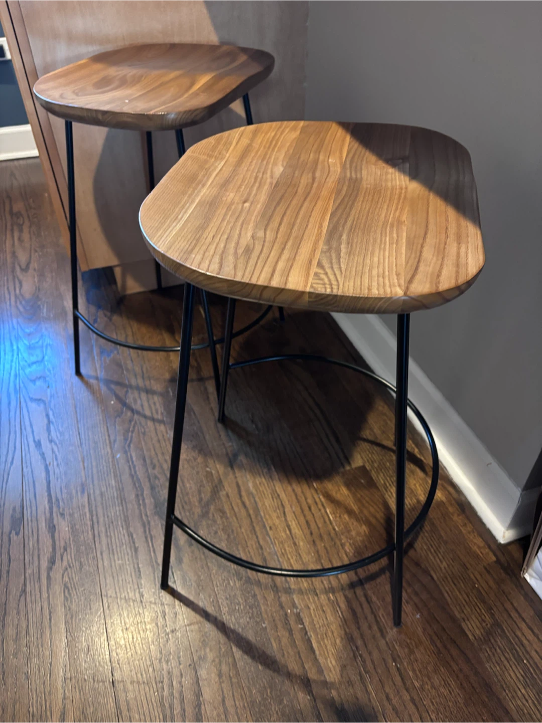 Wooden Counter Stools with Black Metal Legs (Set of 2)