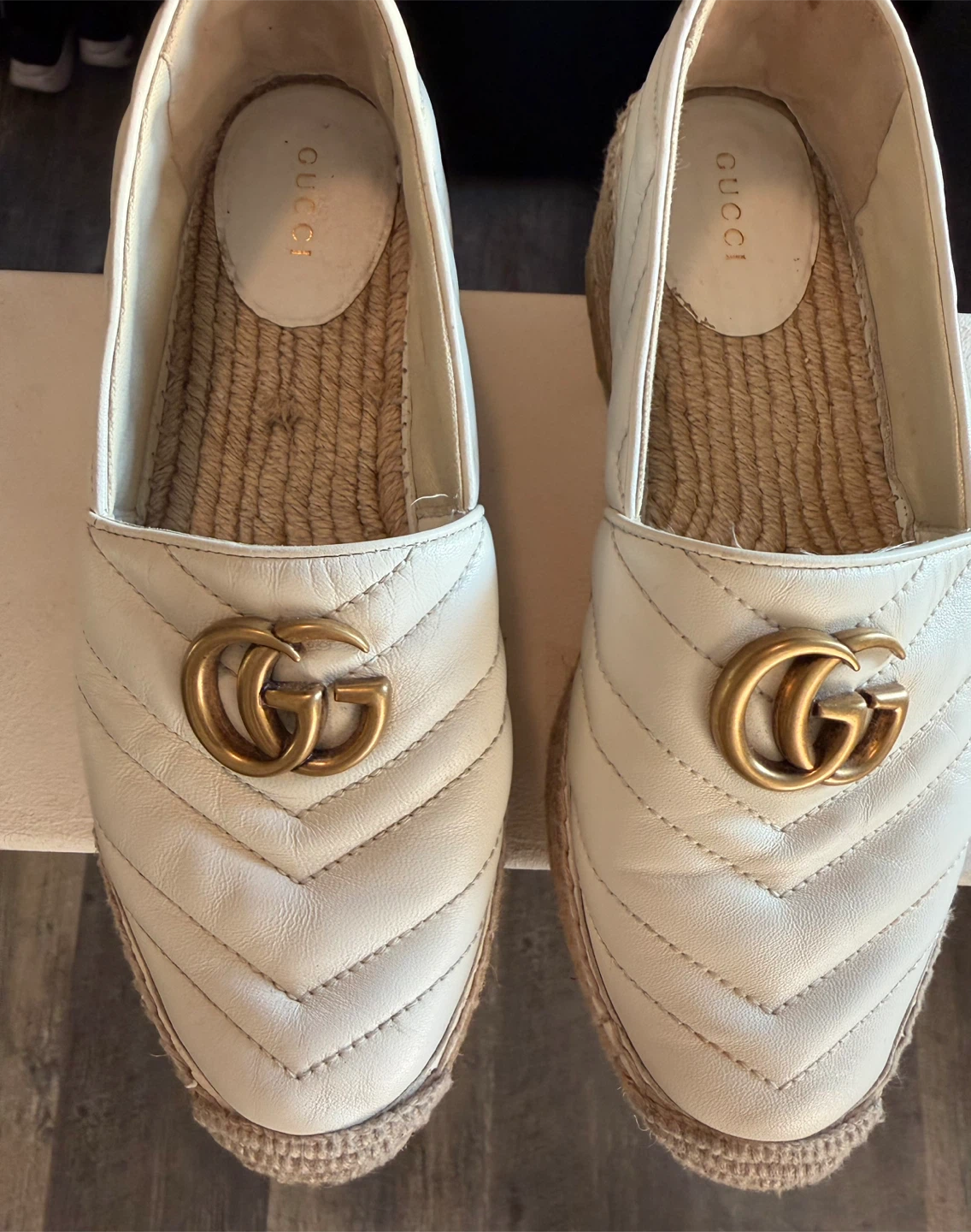 Gucci White Leather Quilted Espadrille Platform Flats