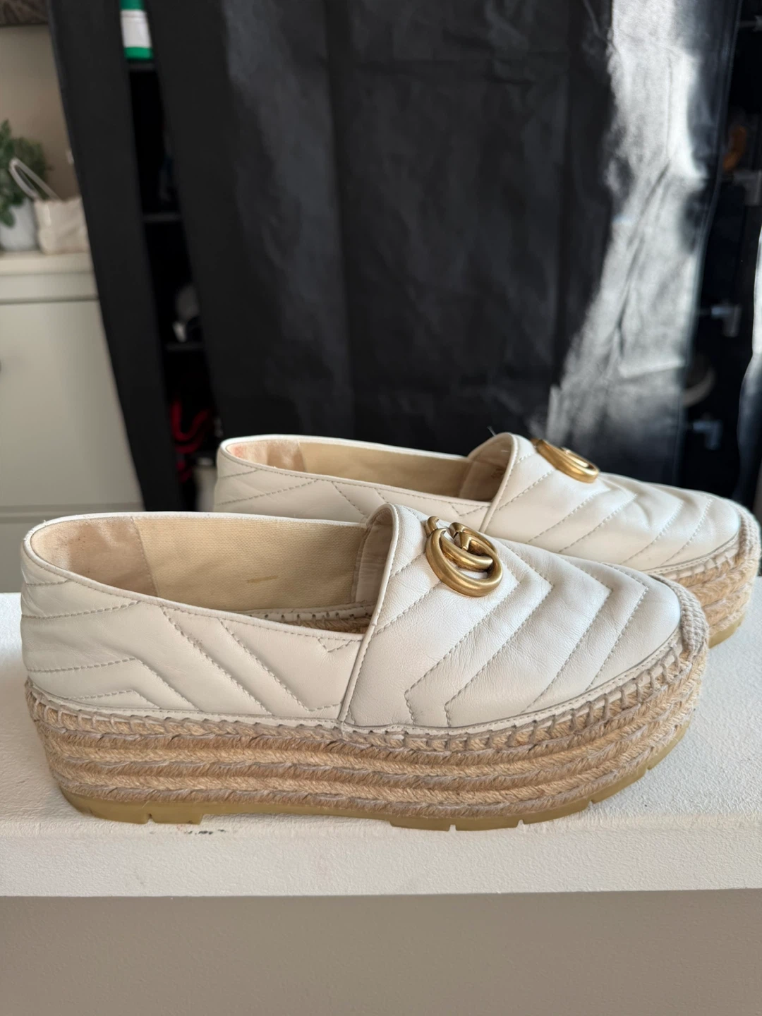 Gucci White Leather Quilted Espadrille Platform Flats - photo 3