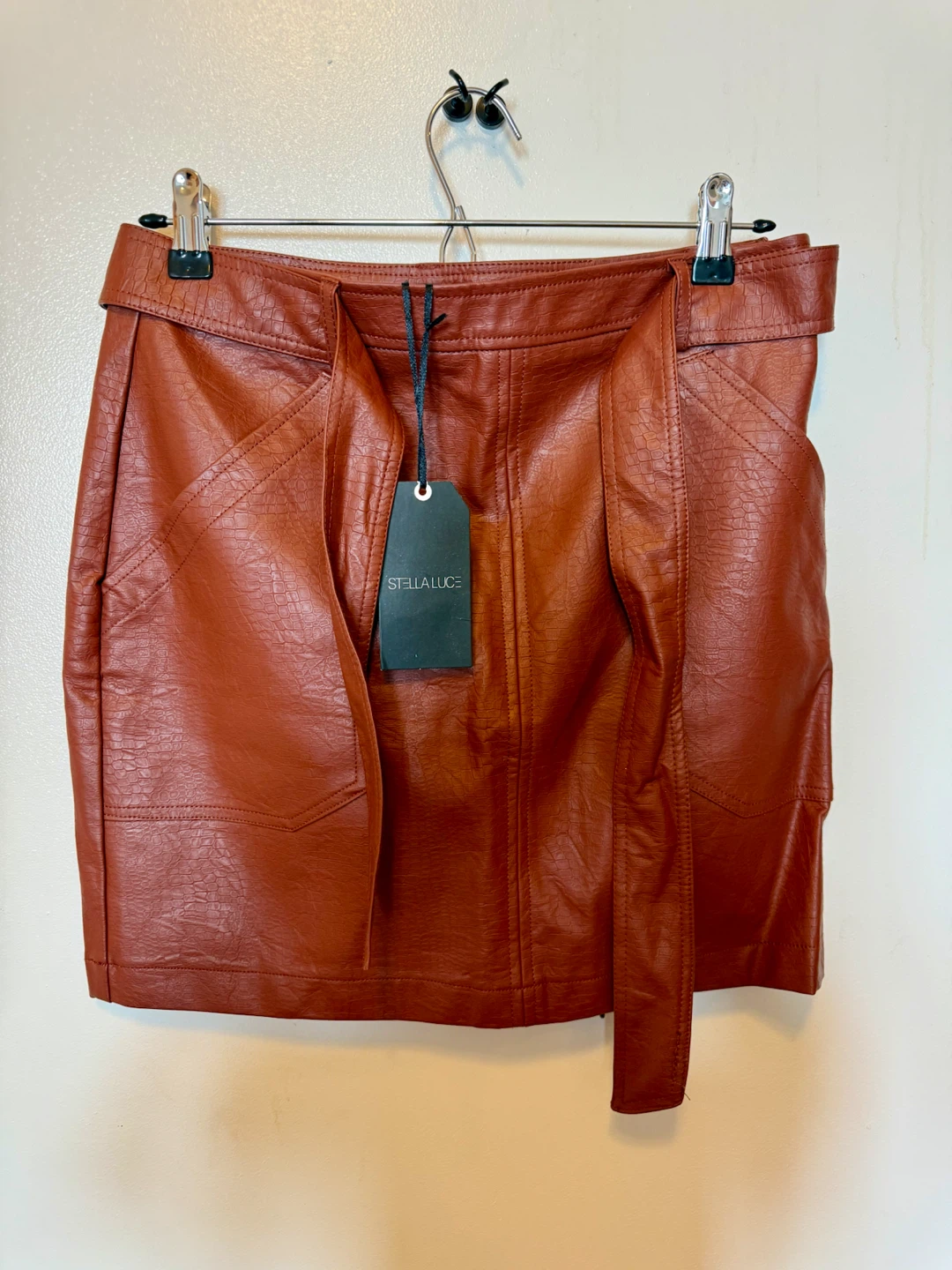 Stella Luce Faux Leather Belted Mini Skirt - Brown - Size M