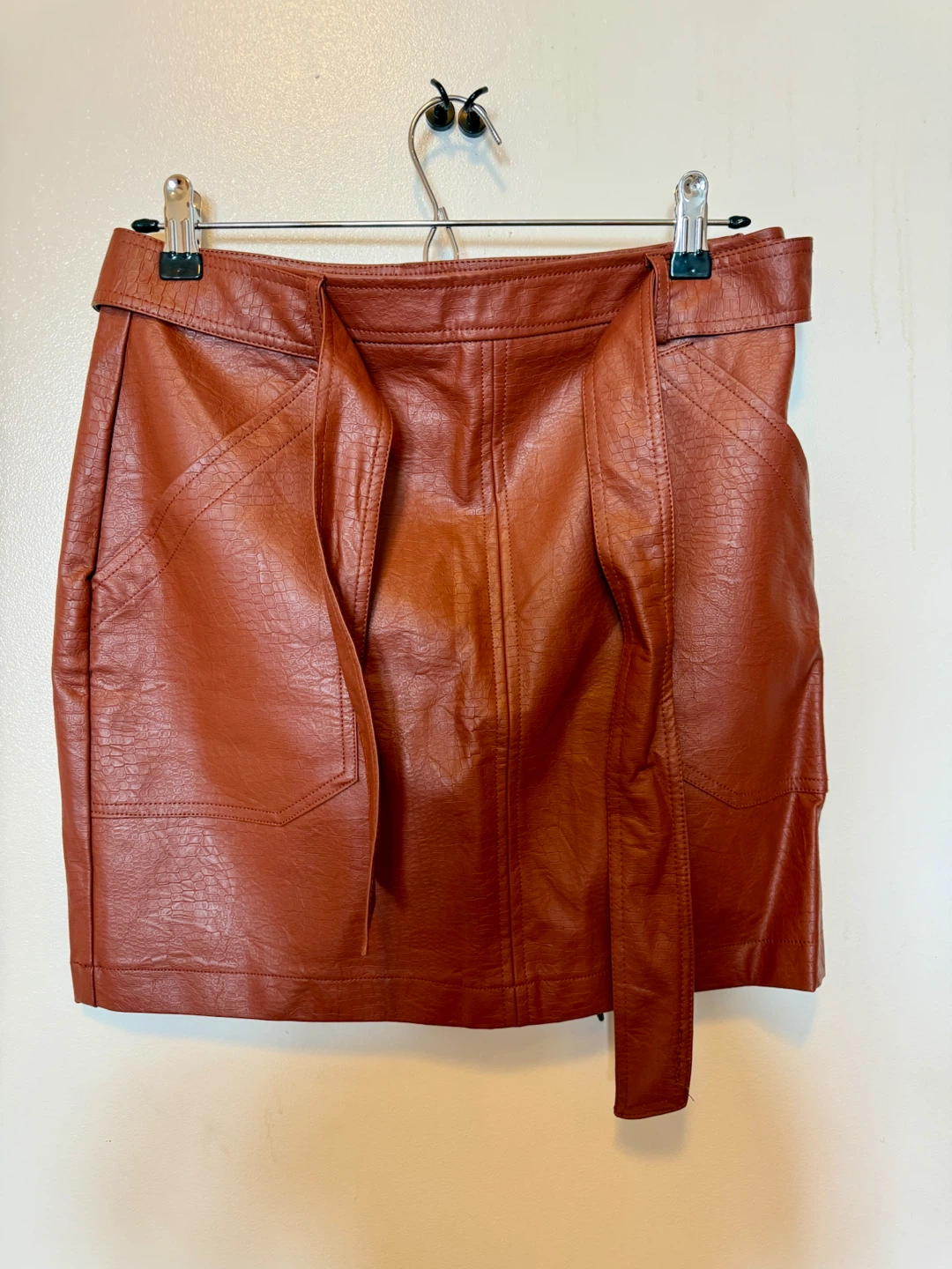 Stella Luce Faux Leather Belted Mini Skirt - Brown - Size M - photo 2