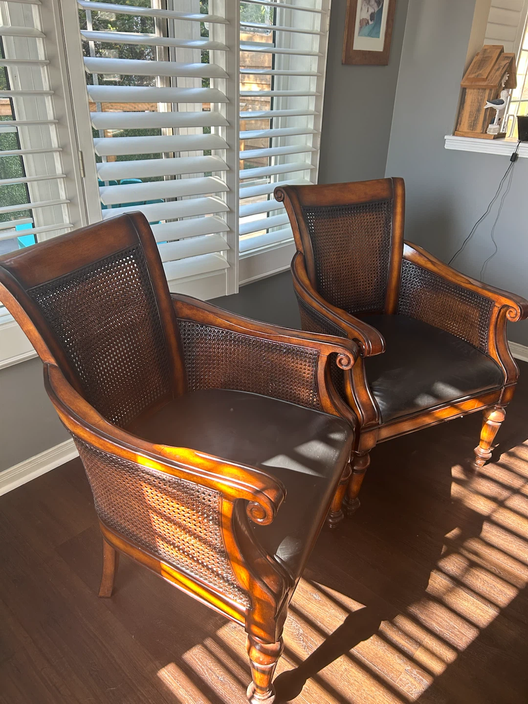 Pair of Armchairs - Wood with Cane and Leather