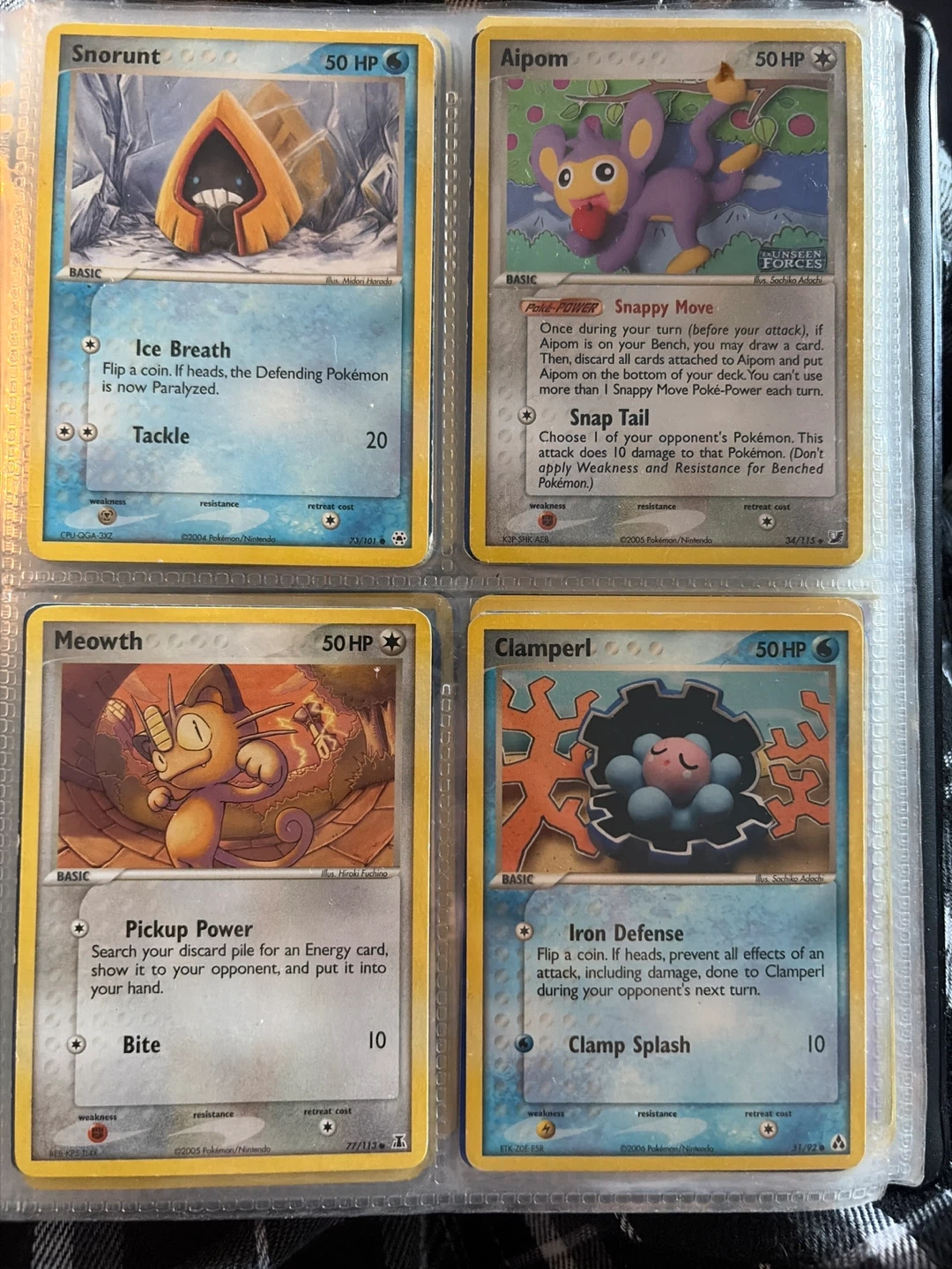 Pokemon Trading Cards: Snorunt, Aipom, Meowth, Clamperl