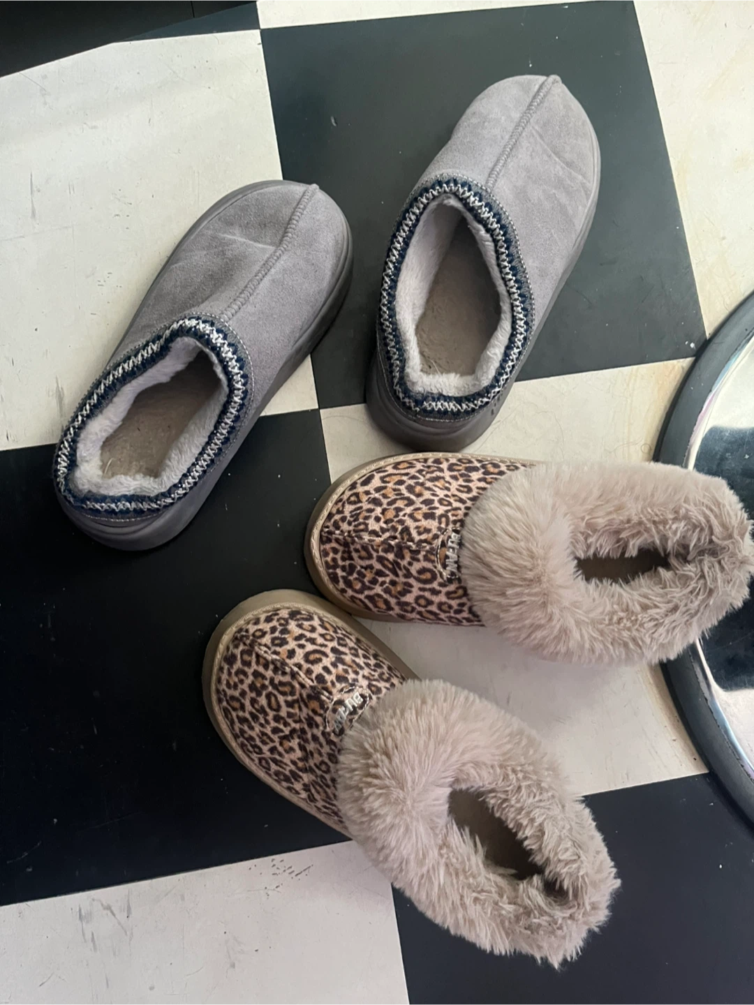 Grey & Leopard Print Slippers - Women's