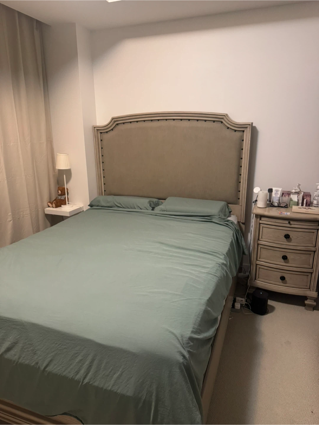 Upholstered Headboard Queen Bed + Matching Bedside