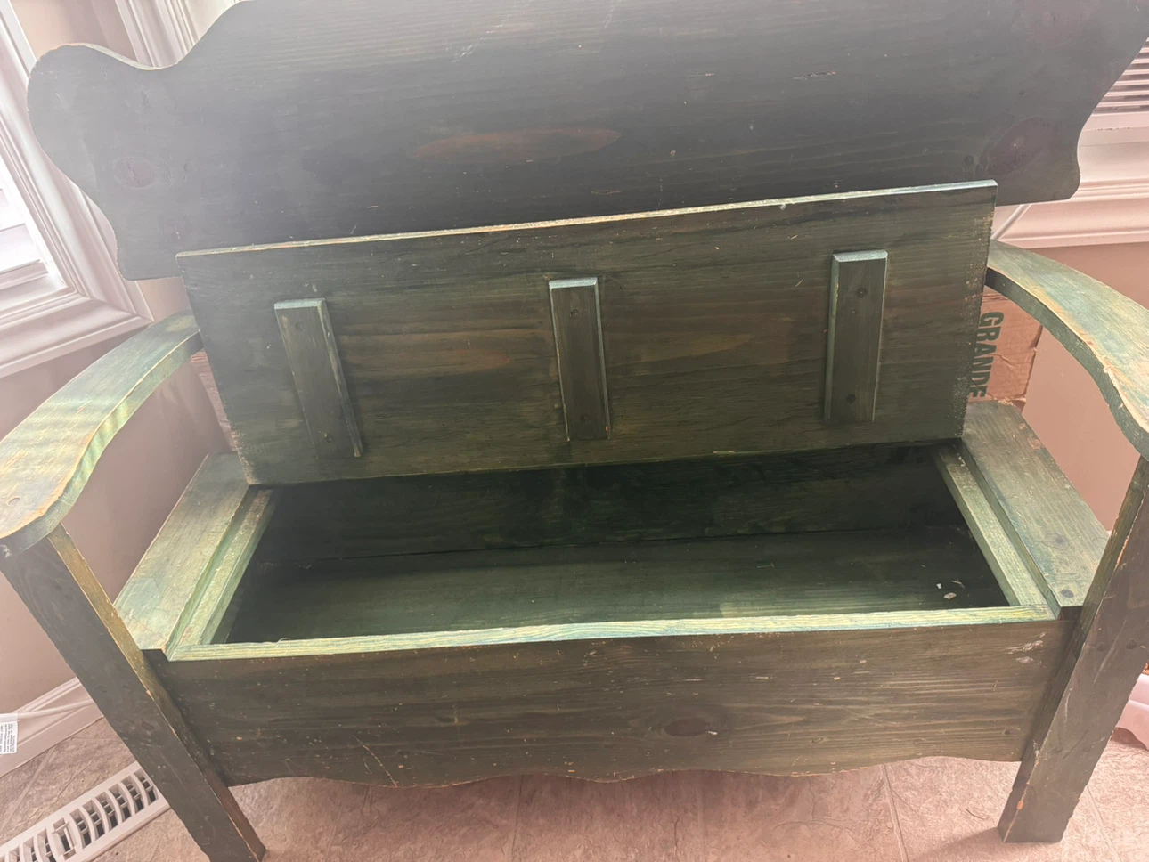 Green Wooden Storage Bench with Heart Detail