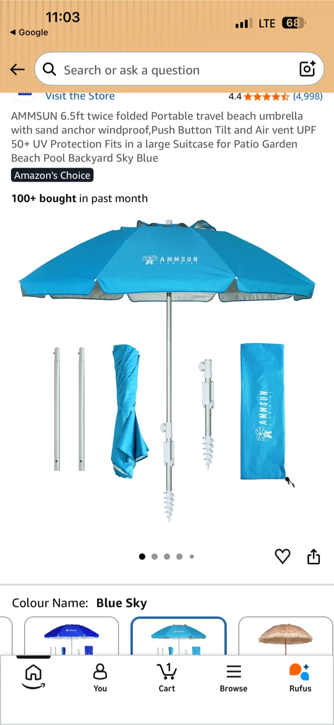 AMMSUN 6.5ft Portable Beach Umbrella plus sand bag