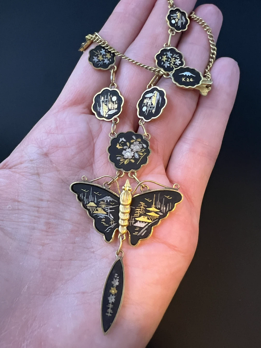 Vintage Japanese Damascene Butterfly Drop Necklace