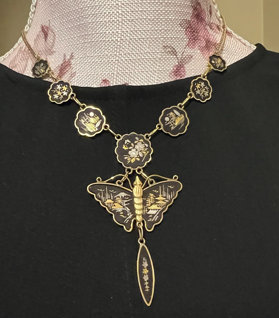 Vintage Japanese Damascene Butterfly Drop Necklace - photo 3