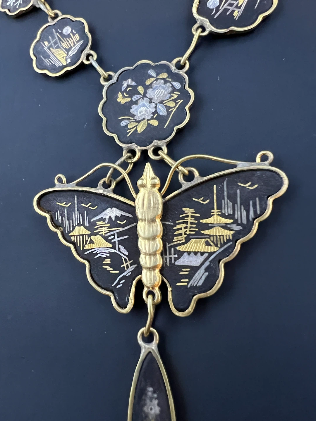 Vintage Japanese Damascene Butterfly Drop Necklace - photo 5