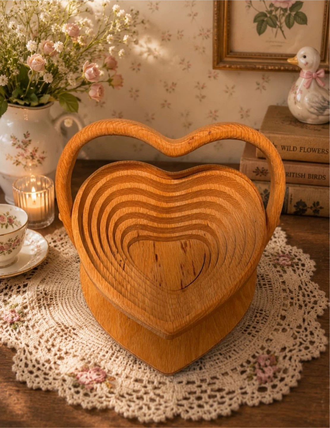 Wooden Heart Shaped Collapsible Basket