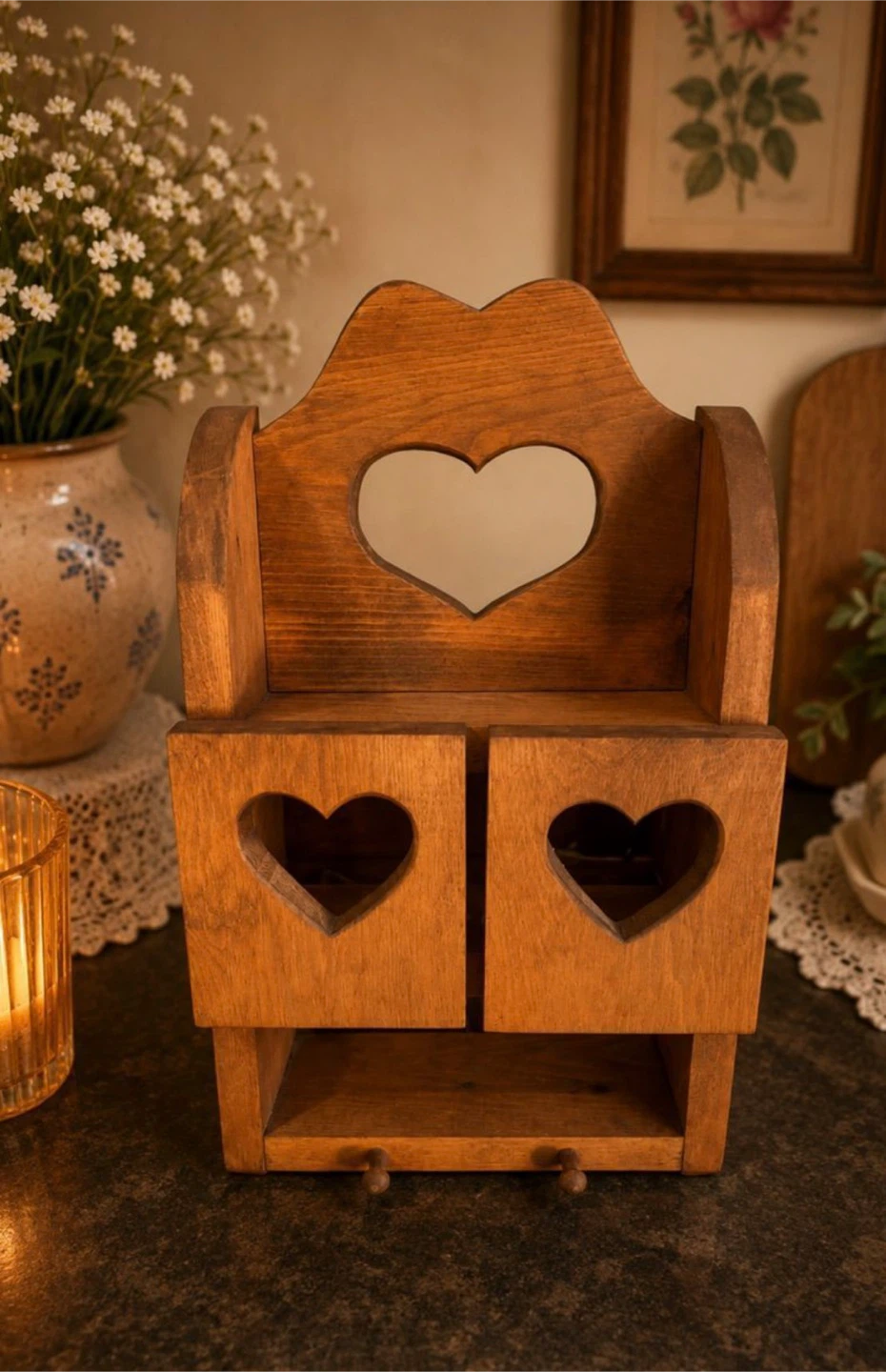 Wooden Wall Shelf with Heart Cutouts door panels
