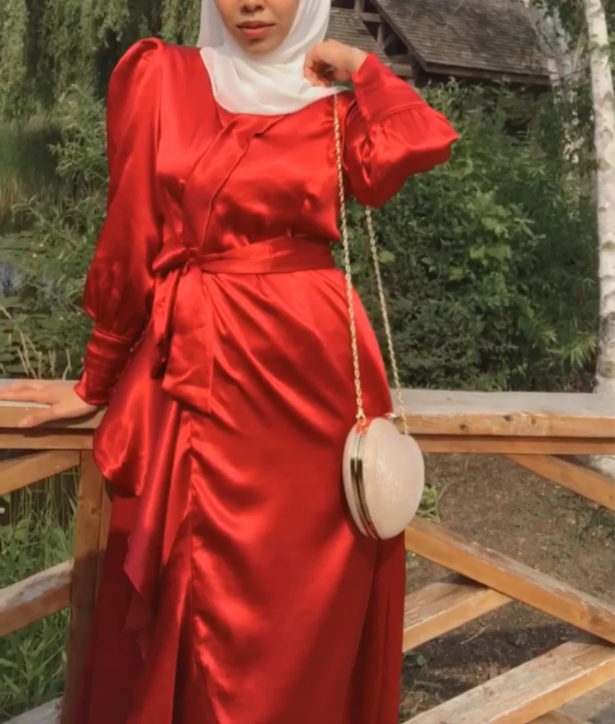 Red Satin Dress with Tie Waist