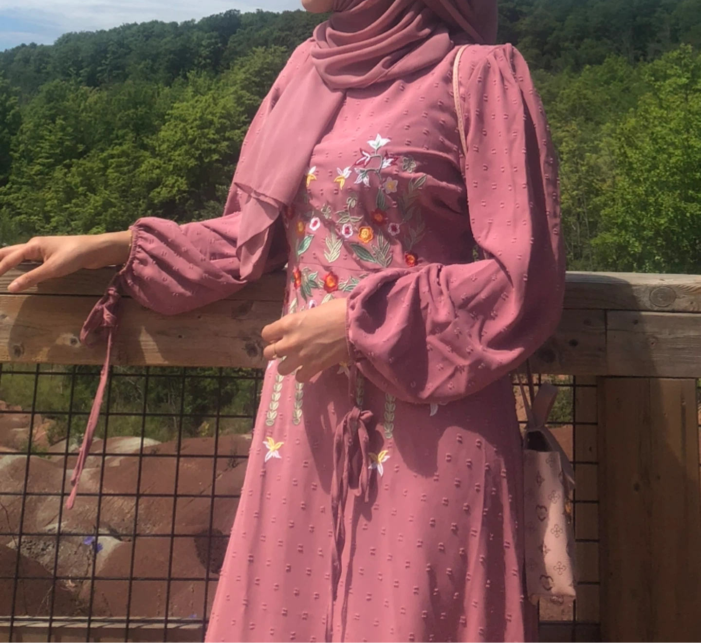 Embroidered Pink Dress with Puff Sleeves