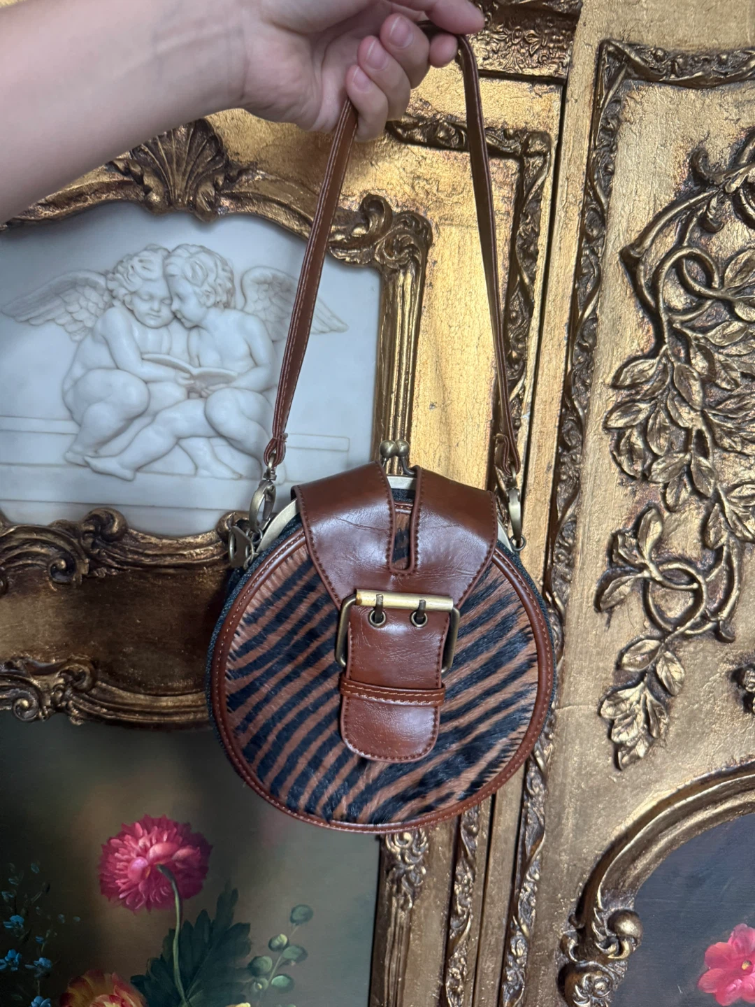 Round Denim & Fur Crossbody Bag with tiger print