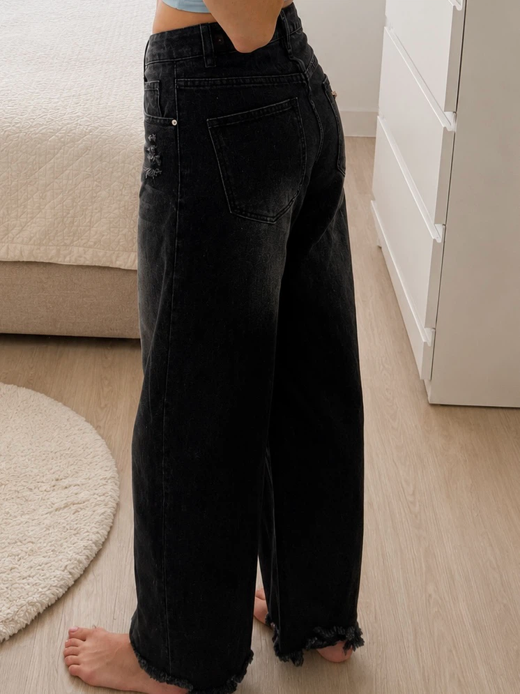 Black Wide Leg Distressed Jeans - photo 2