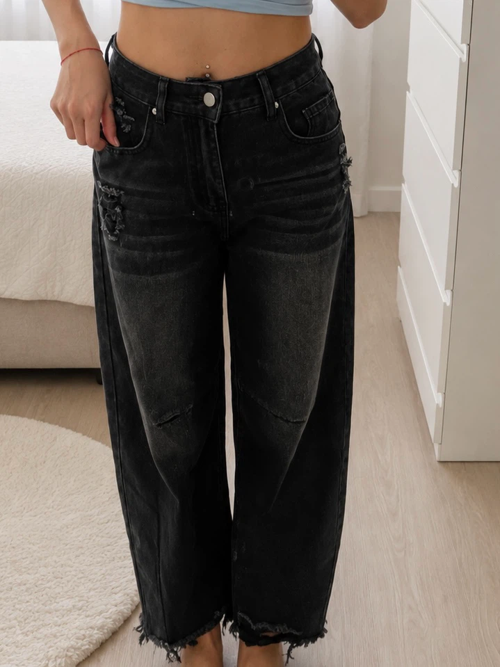 Black Wide Leg Distressed Jeans - photo 3