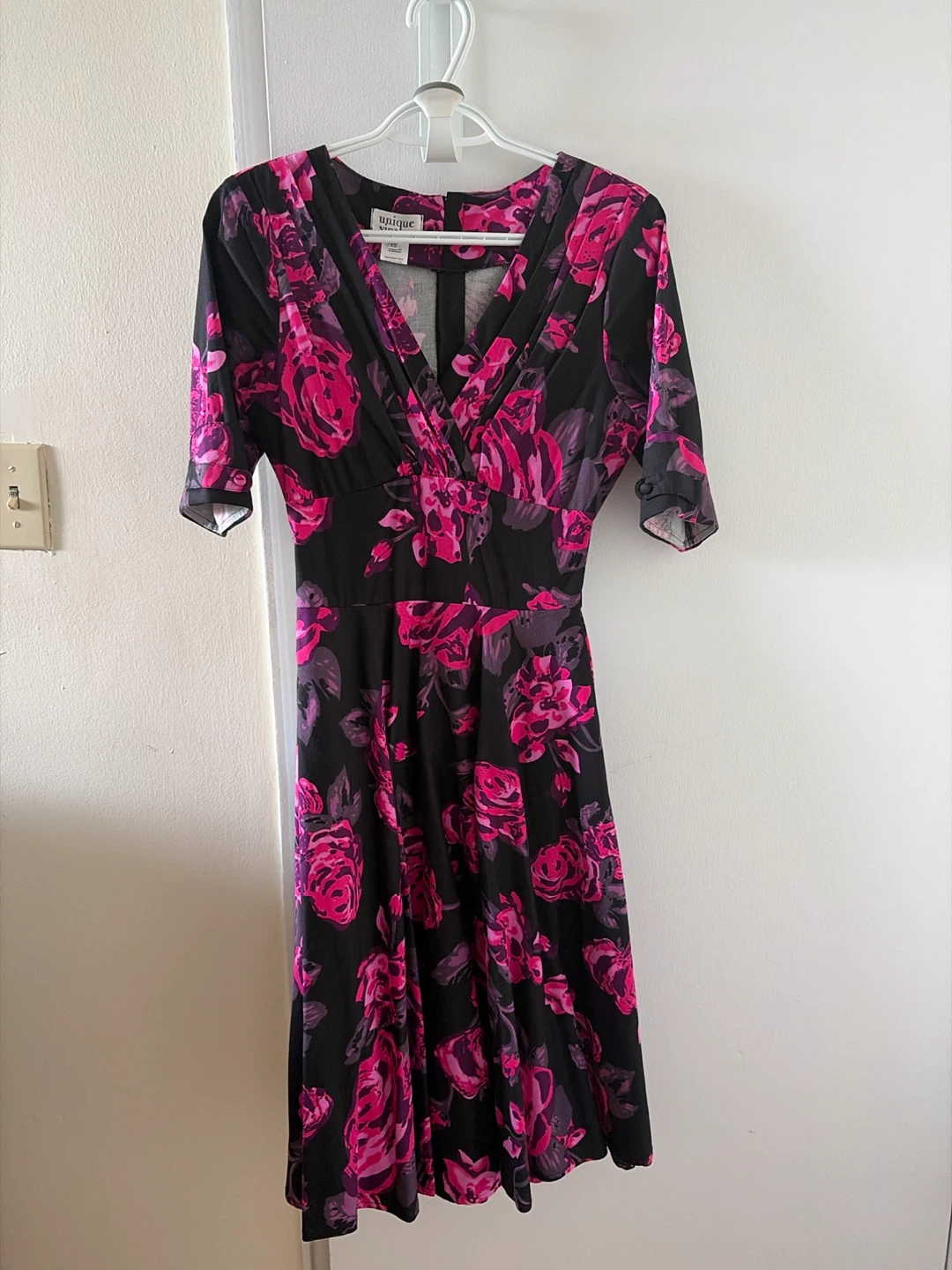 Unique Vintage Black Pink Floral Midi Dress - XS