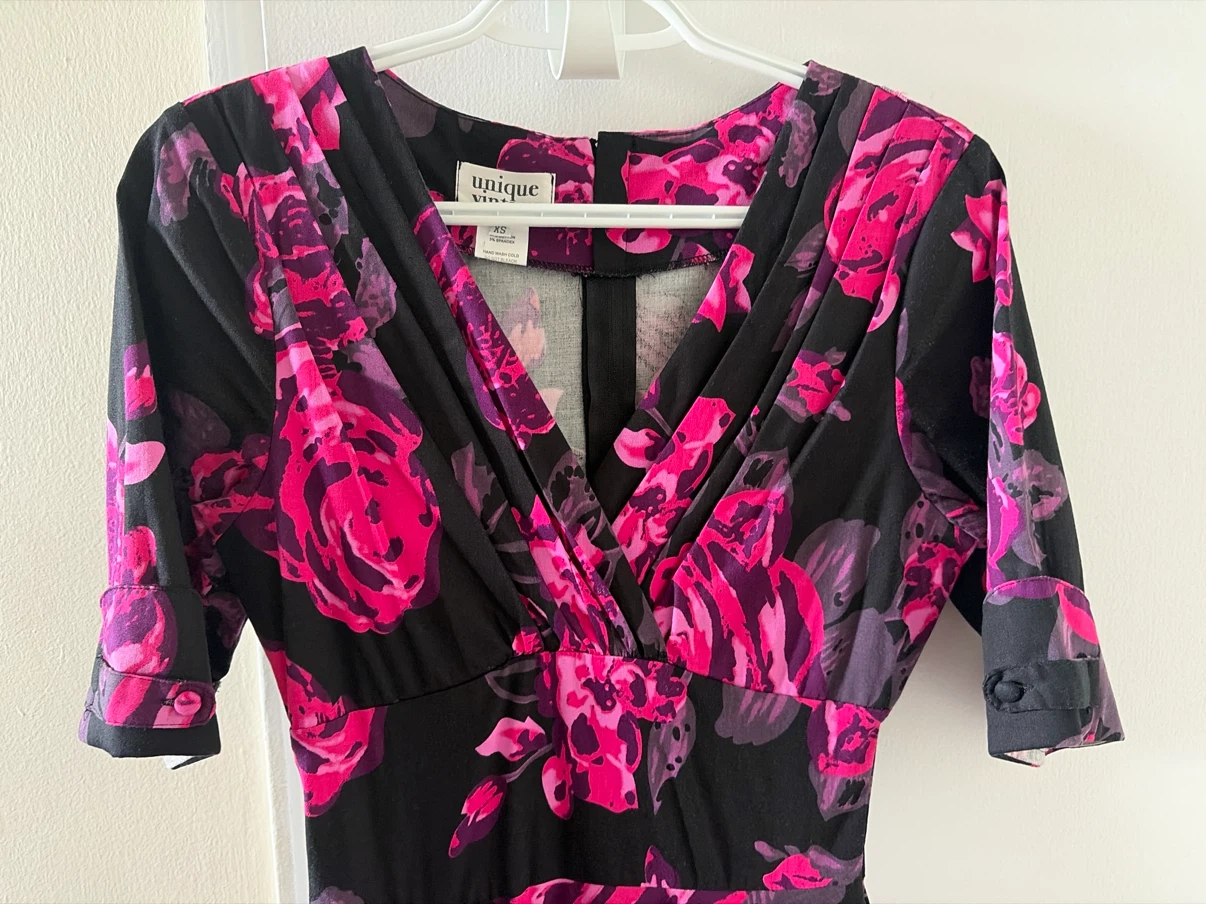 Unique Vintage Black Pink Floral Midi Dress - XS - photo 2