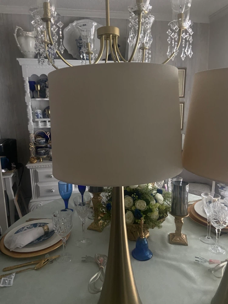 Pair of Gold Cone Base Table Lamps with Beige Shades - photo 2