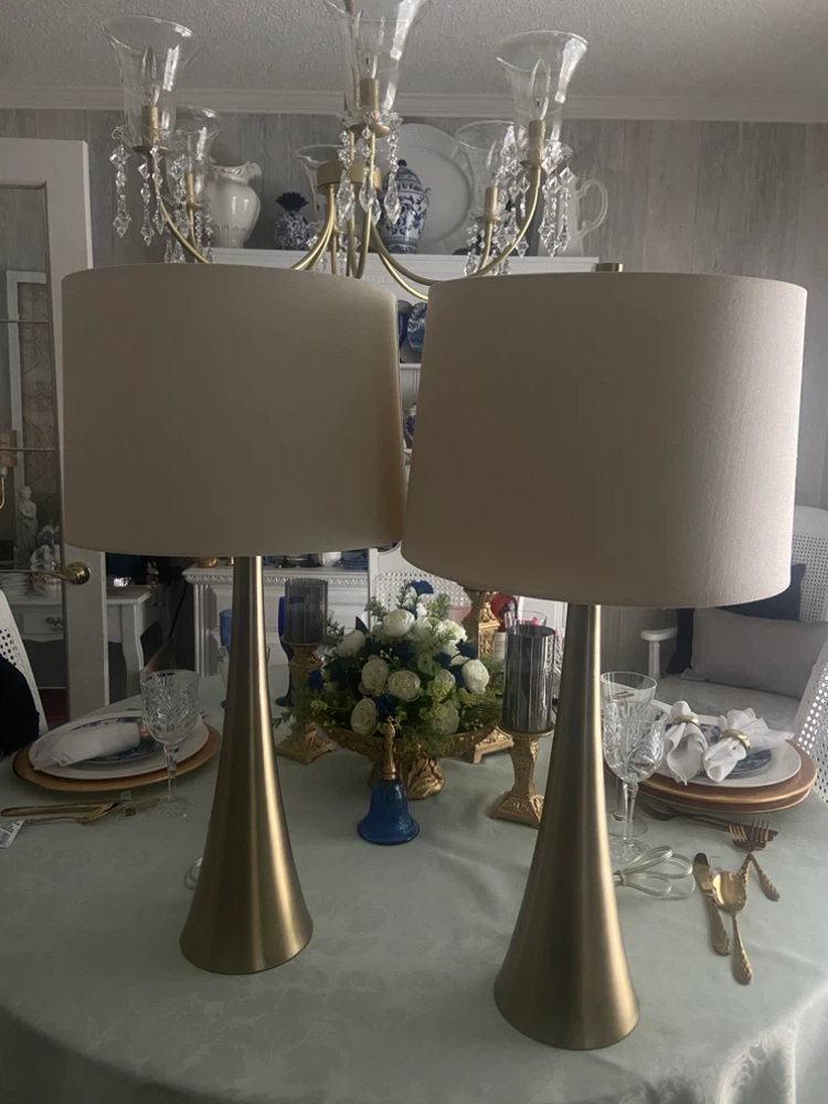 Pair of Gold Cone Base Table Lamps with Beige Shades