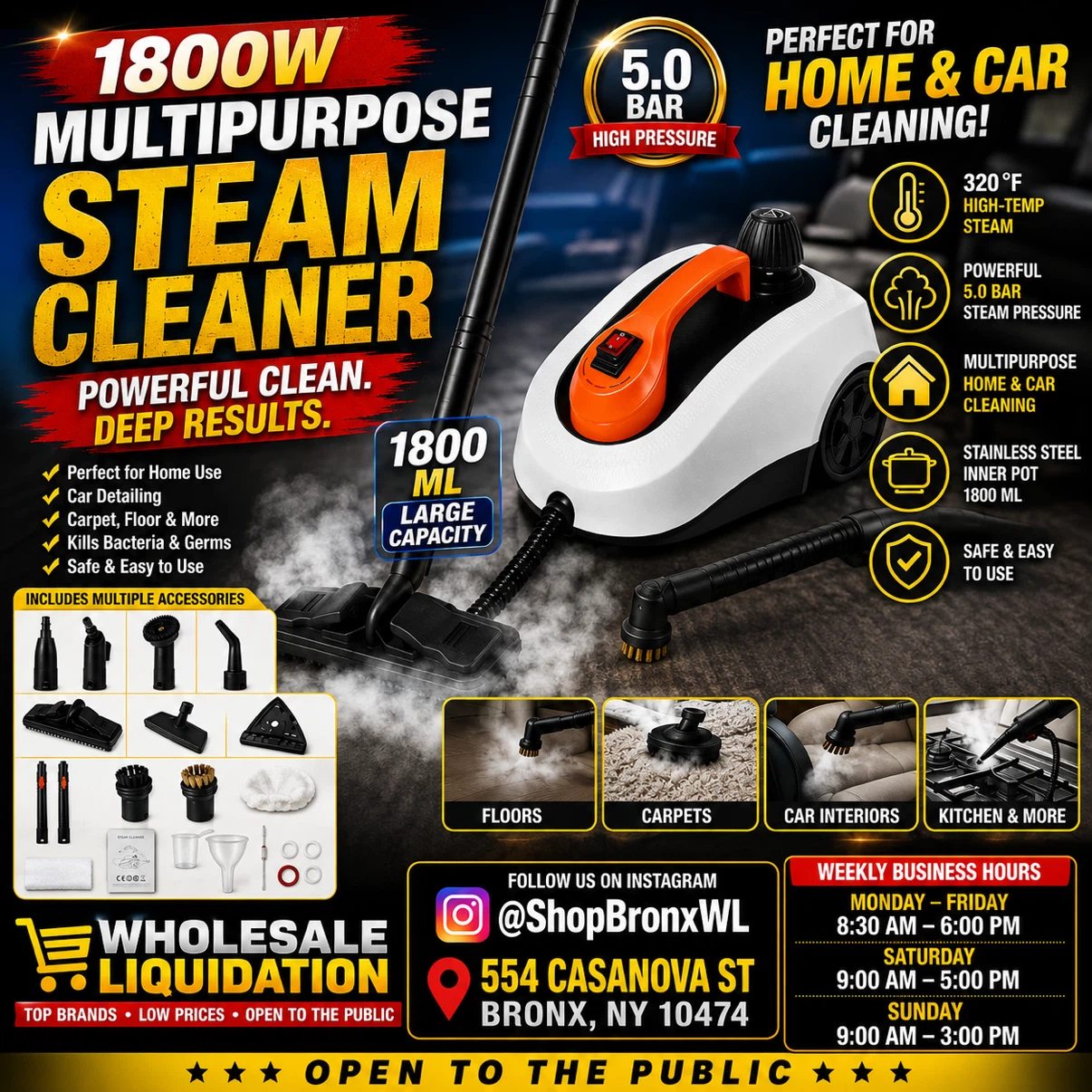 1800W Multipurpose Steam Cleaner with 1800ml Capacity