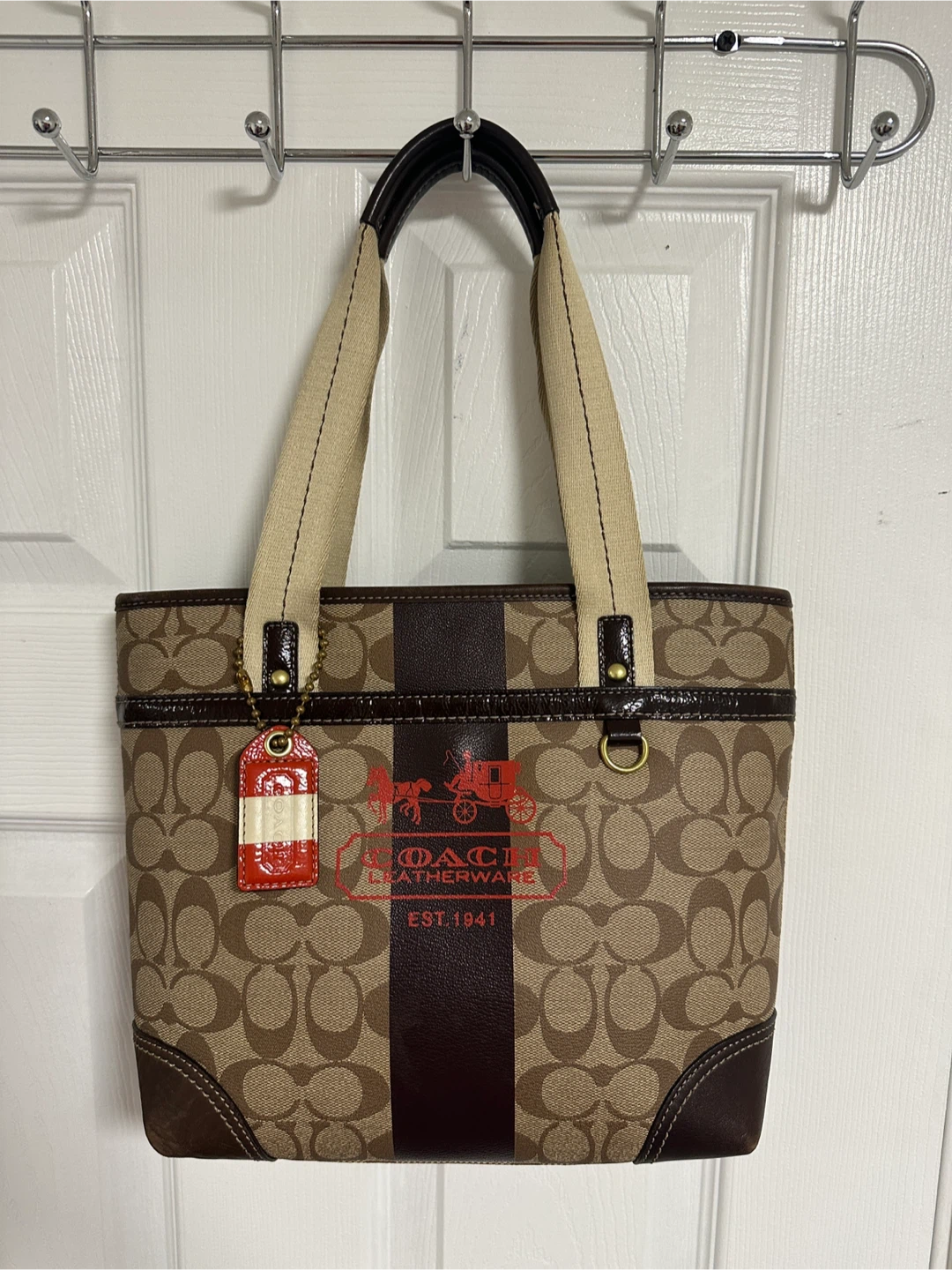Coach Heritage Stripe in Beige/Brown Leather Handbag 🤎