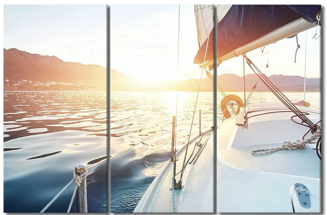 Ocean Sunset Yacht 3 Panel Canvas Wall Art, 100x150cm
