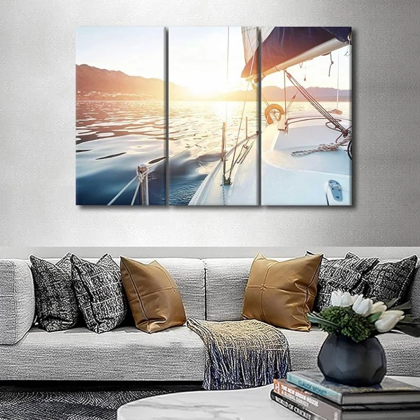 Ocean Sunset Yacht 3 Panel Canvas Wall Art, 100x150cm - photo 2