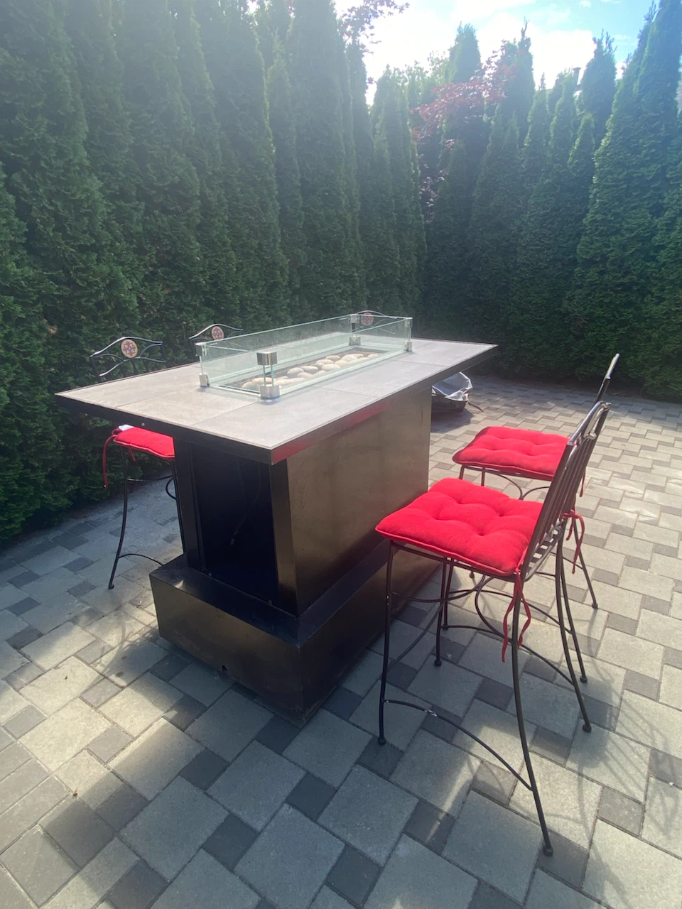 Outdoor Fire Pit Table with 5 high stools.