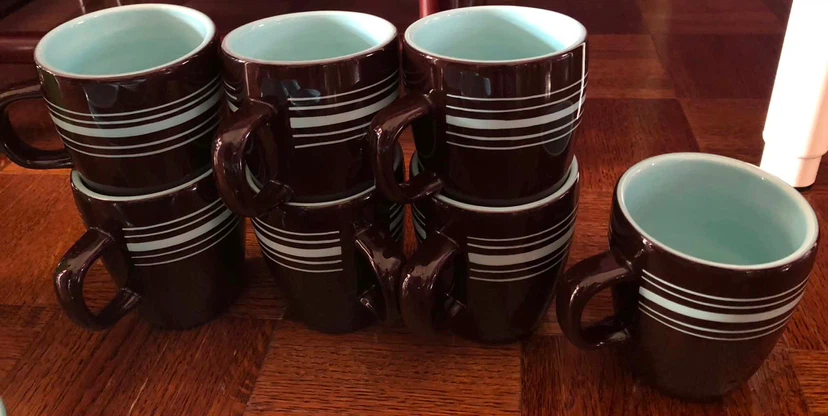 Set of 7 Brown Mugs with Light Blue Interior