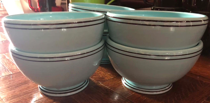 Set of 6Light Blue Ceramic Bowls with Dark Stripes