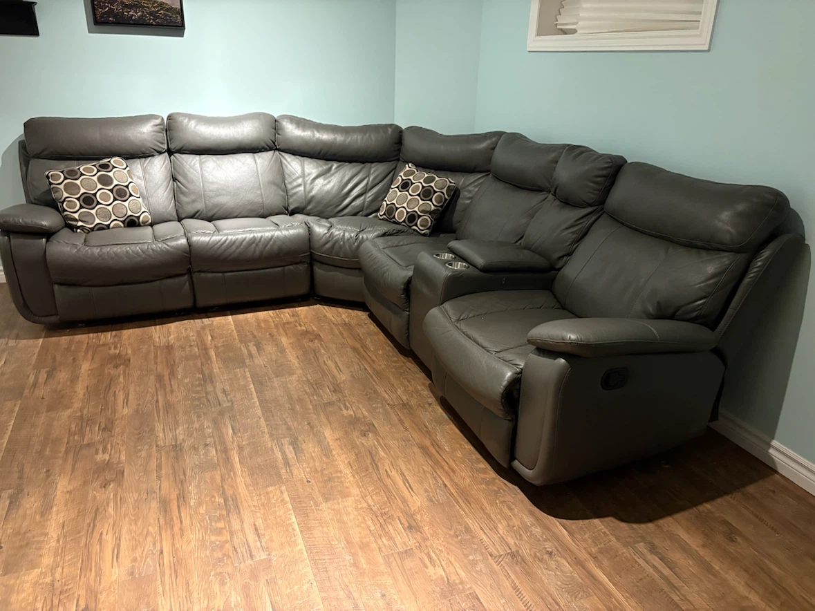 Grey Leather Sectional Reclining Sofa with Cup Holders