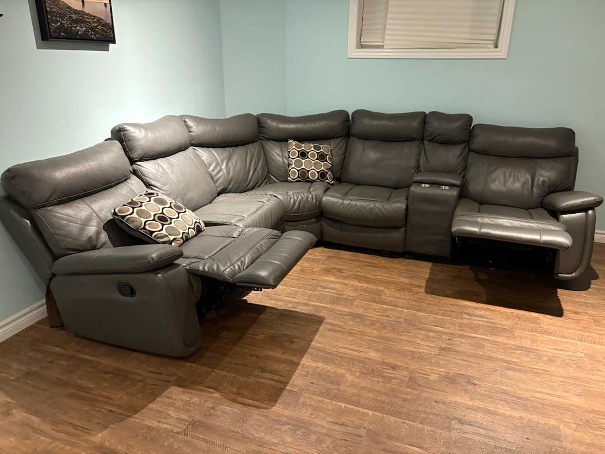 Grey Leather Sectional Reclining Sofa with Cup Holders - photo 2