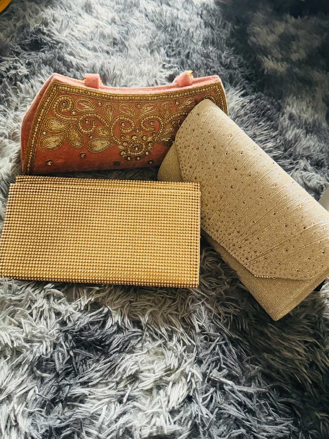 Pink Embroidered Clutch Handbag with Gold Handle