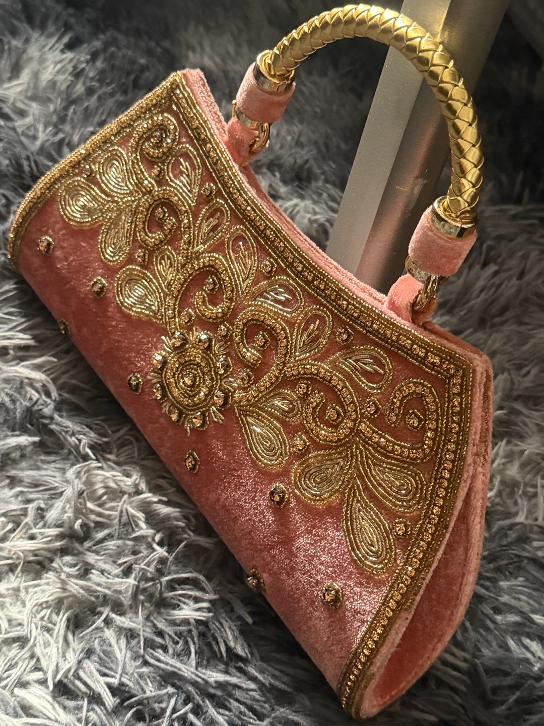 Pink Embroidered Clutch Handbag with Gold Handle - photo 4