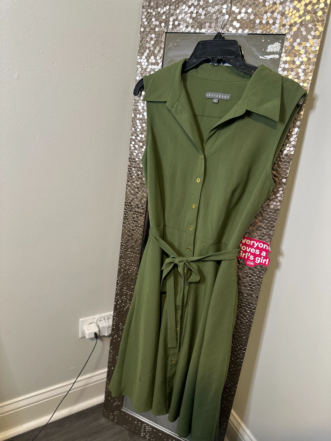Sharagano Olive Green Sleeveless Button-Up Midi Dress - Size 12