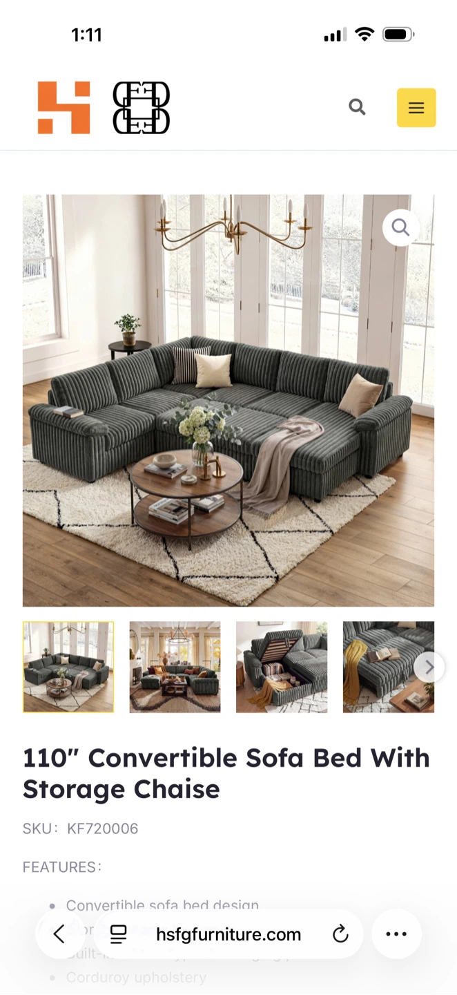 110" Convertible Sofa Bed with Storage Chaise