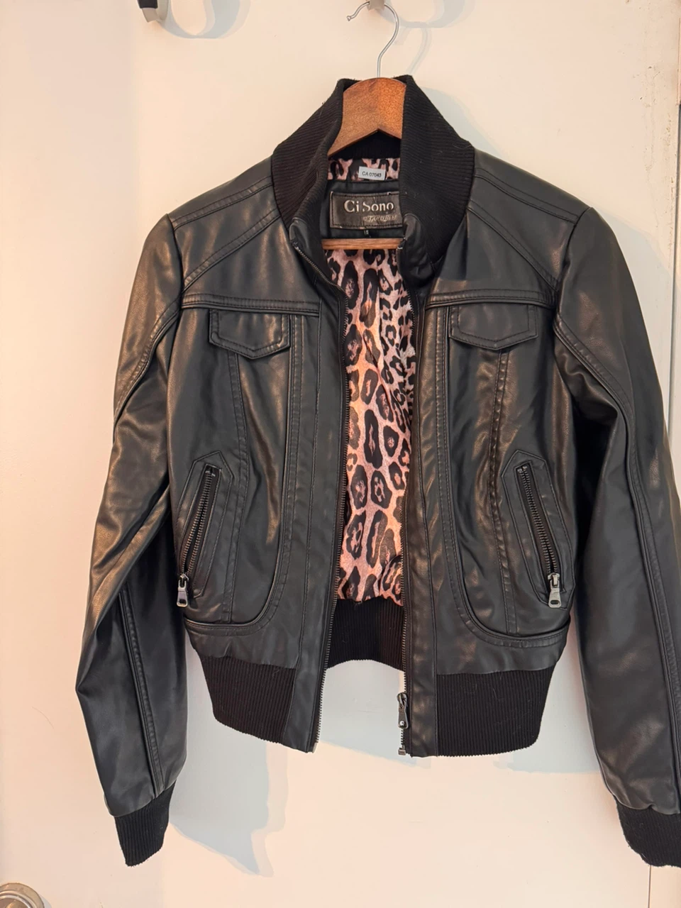 Black Faux Leather Jacket with Leopard Print Lining