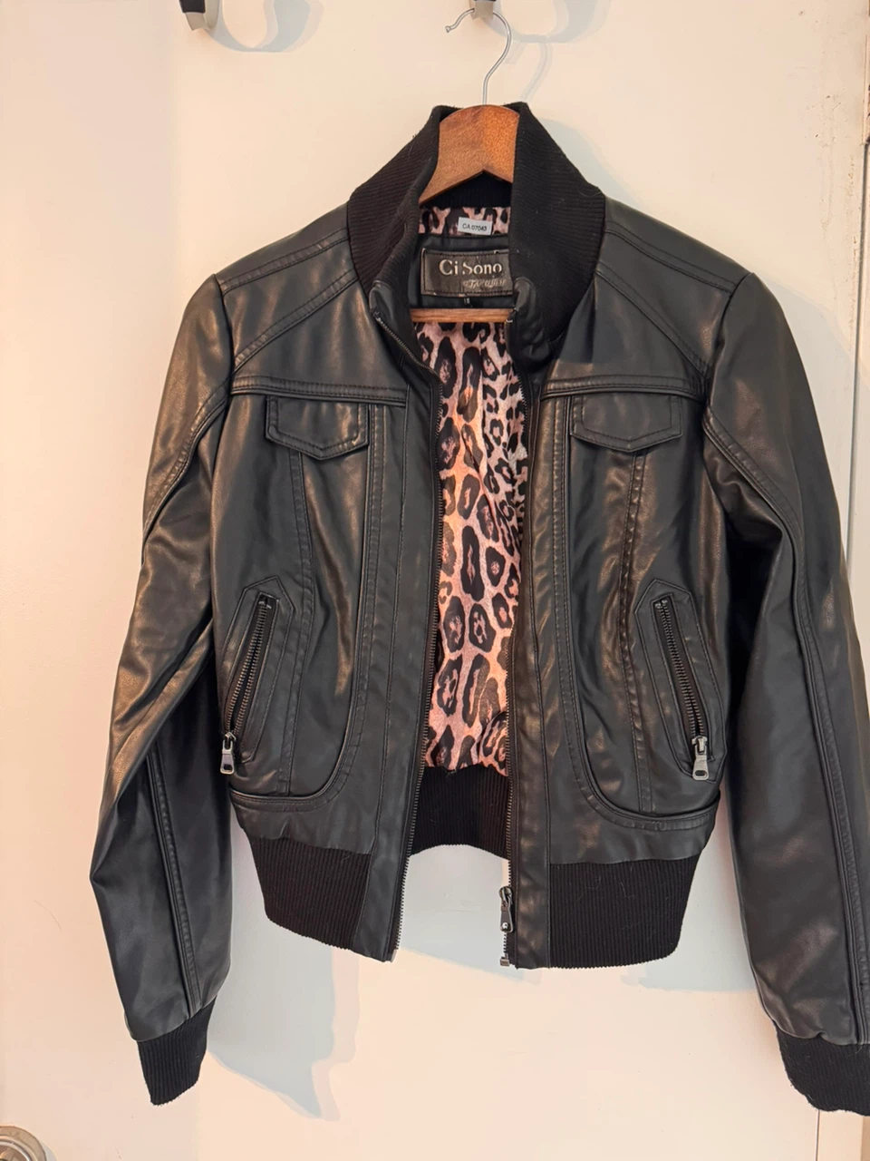 Black Faux Leather Jacket with Leopard Print Lining - photo 2
