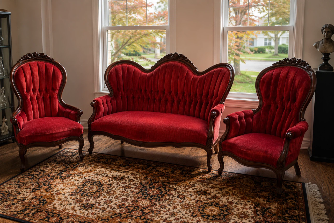 Antique Red Velvet Sofa and Chairs Set