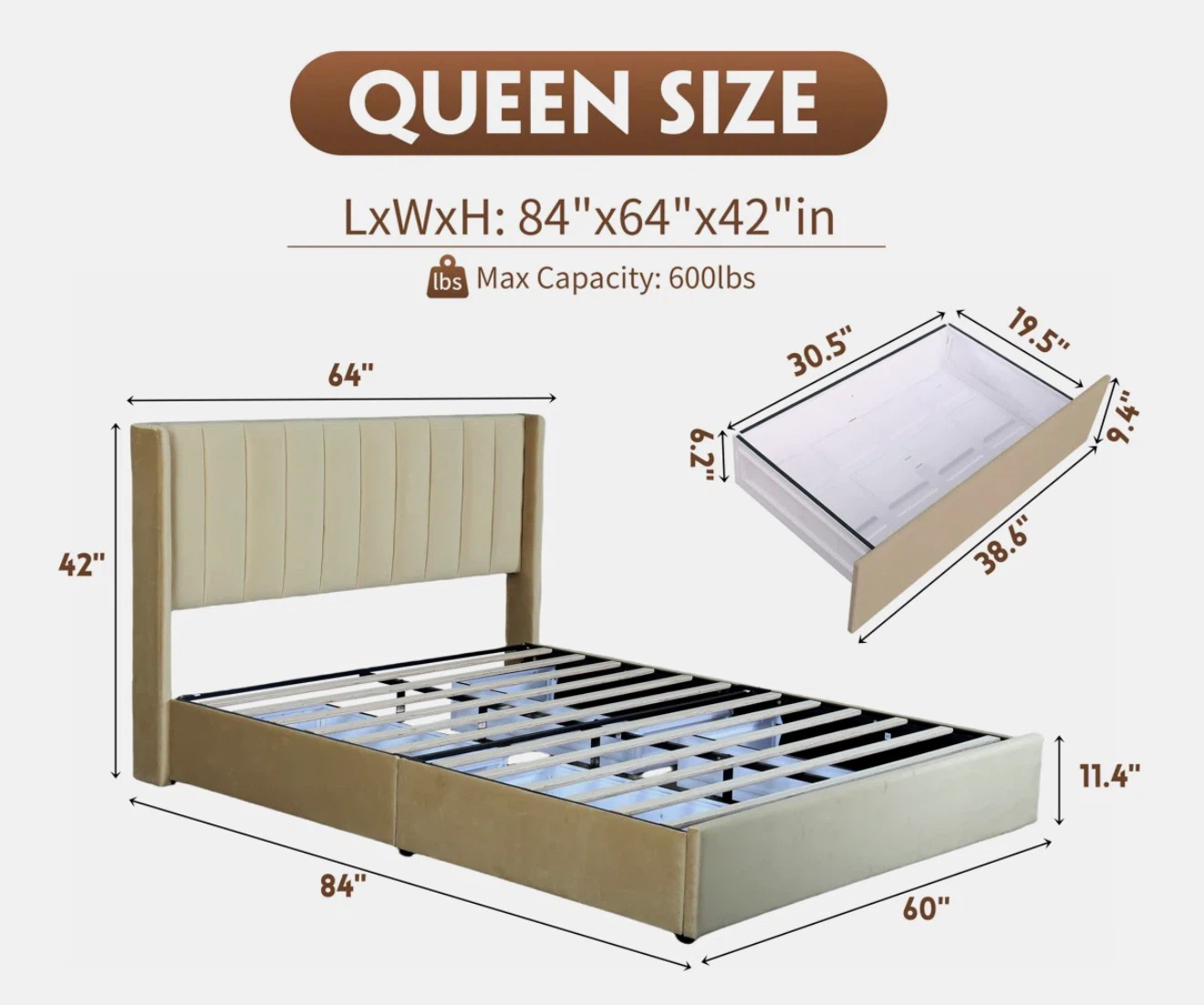 Queen Size Upholstered Platform Bed with Storage Drawers