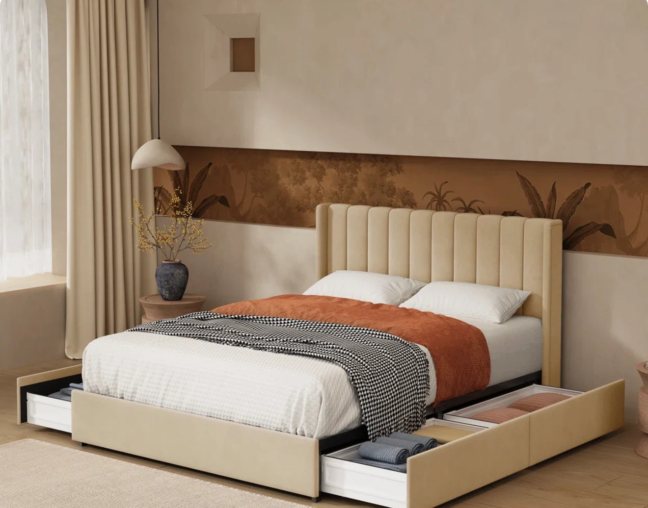 Queen Size Upholstered Platform Bed with Storage Drawers - photo 2