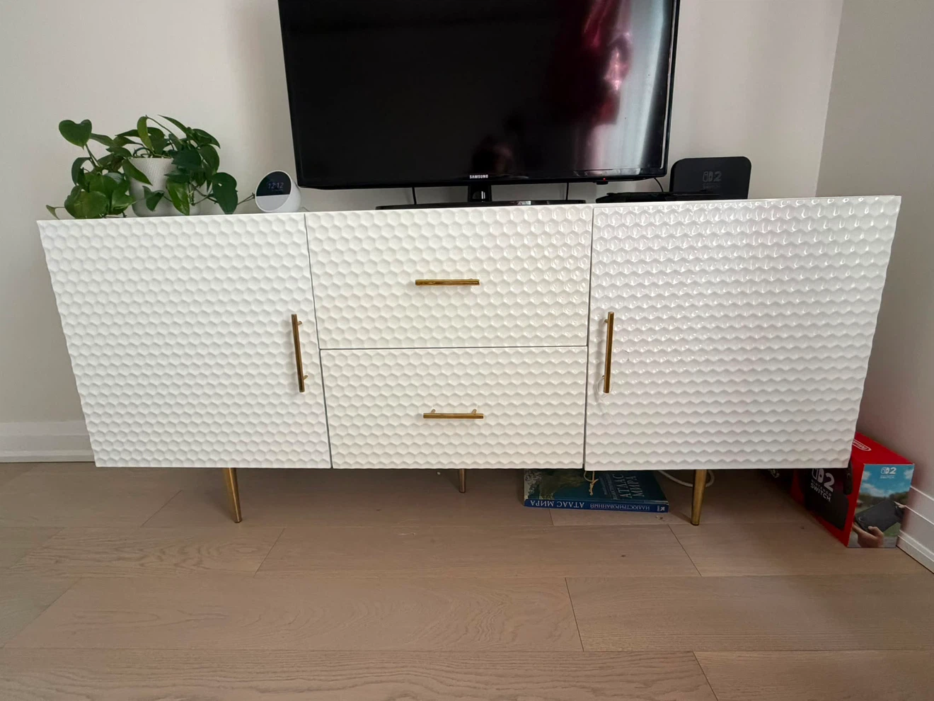 White Hexagonal Sideboard with Gold Legs
