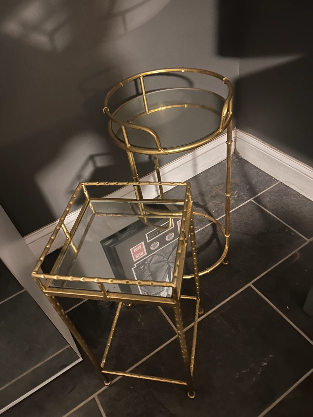 Gold Metal Side Table Set with Mirrored Tops