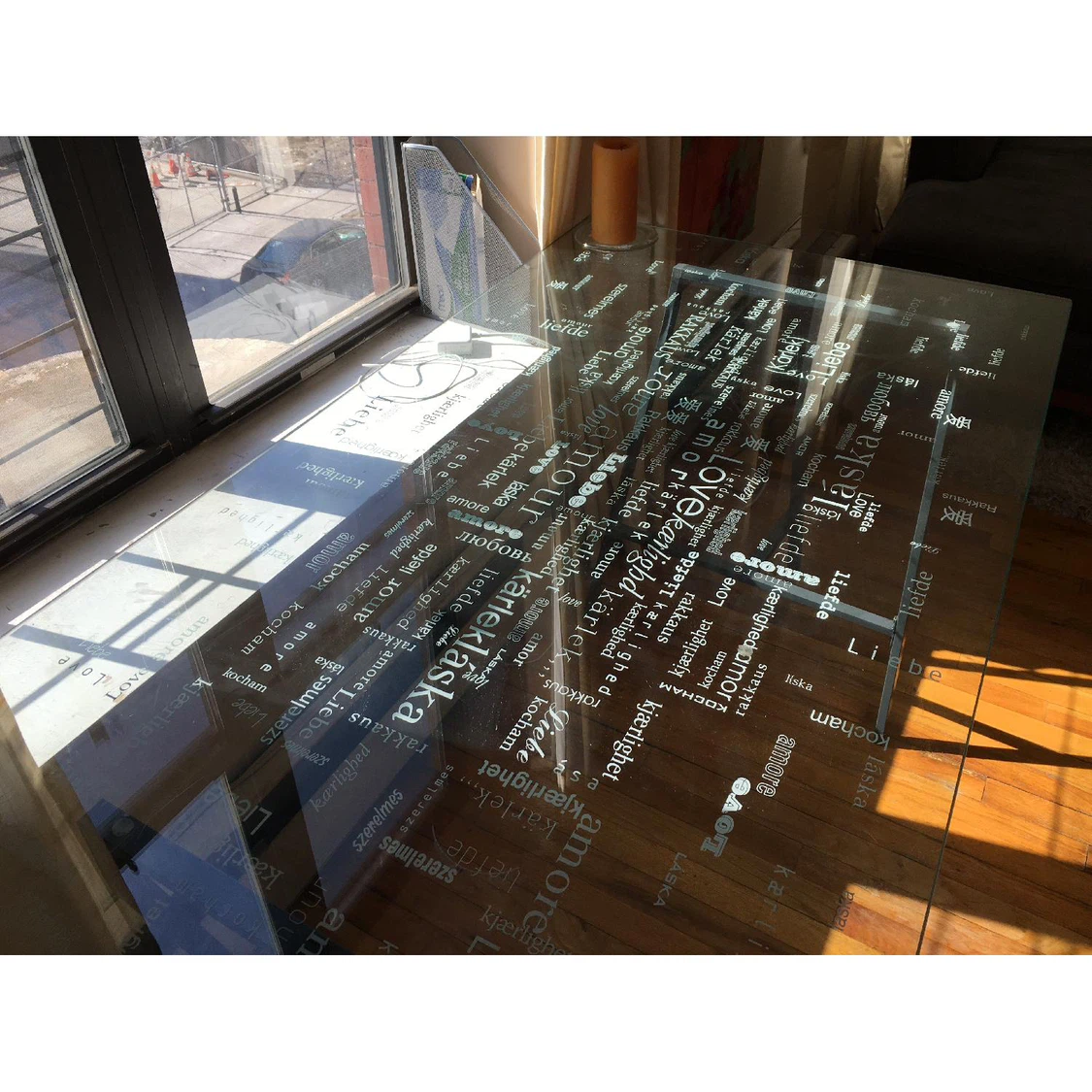 Glass Table Top with "Love" in Multiple Languages
