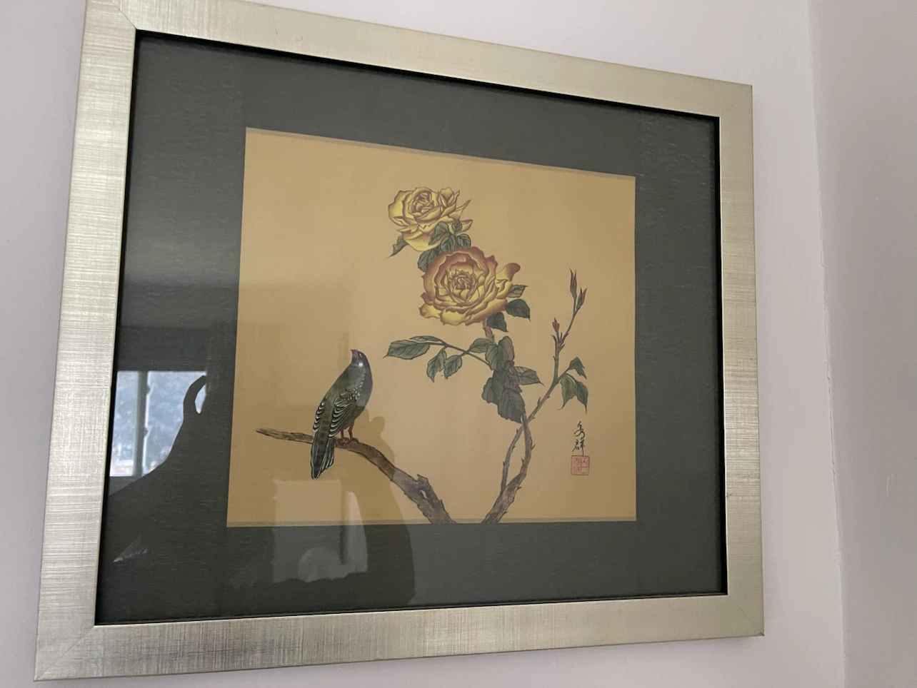 Framed Chinese meticulous brushwork painting of Bird and Roses
