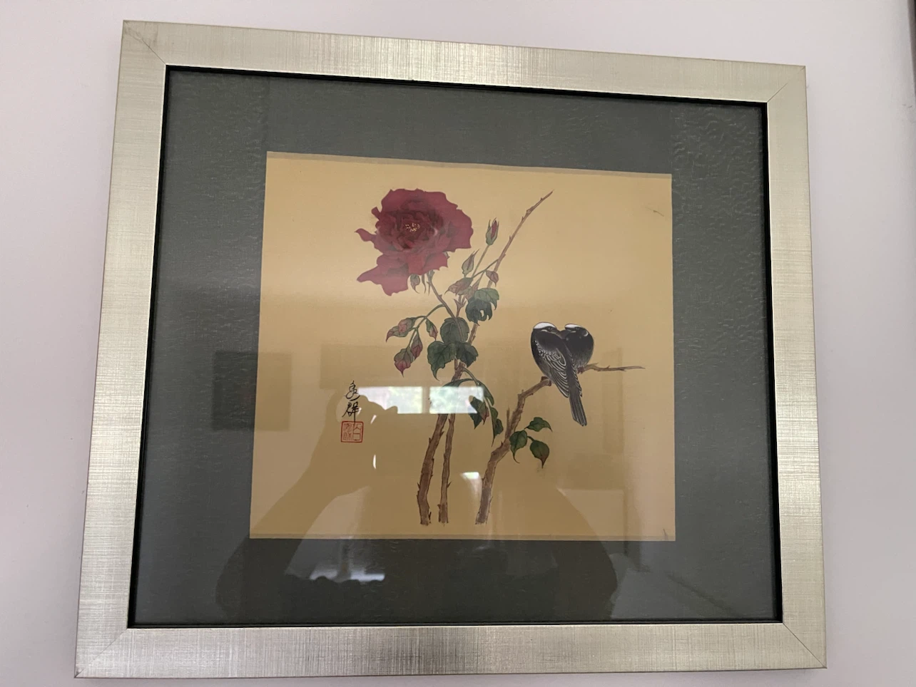Framed Chinese meticulous brushwork painting  - Rose and Birds